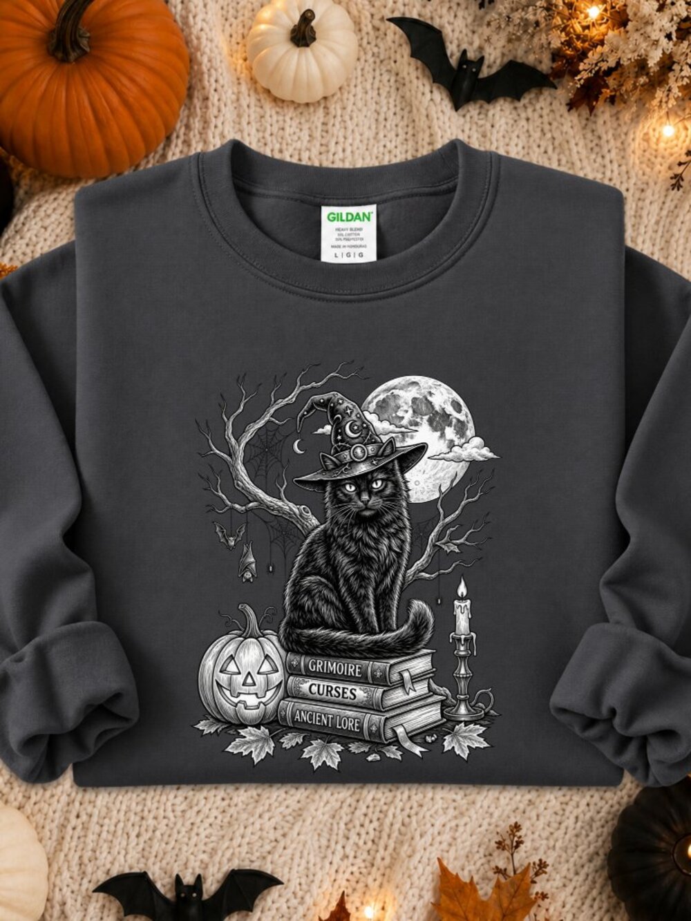 Black Cat Halloween Sweatshirt Graphic Crewneck Cozy Magic Witch Books Pumpkin